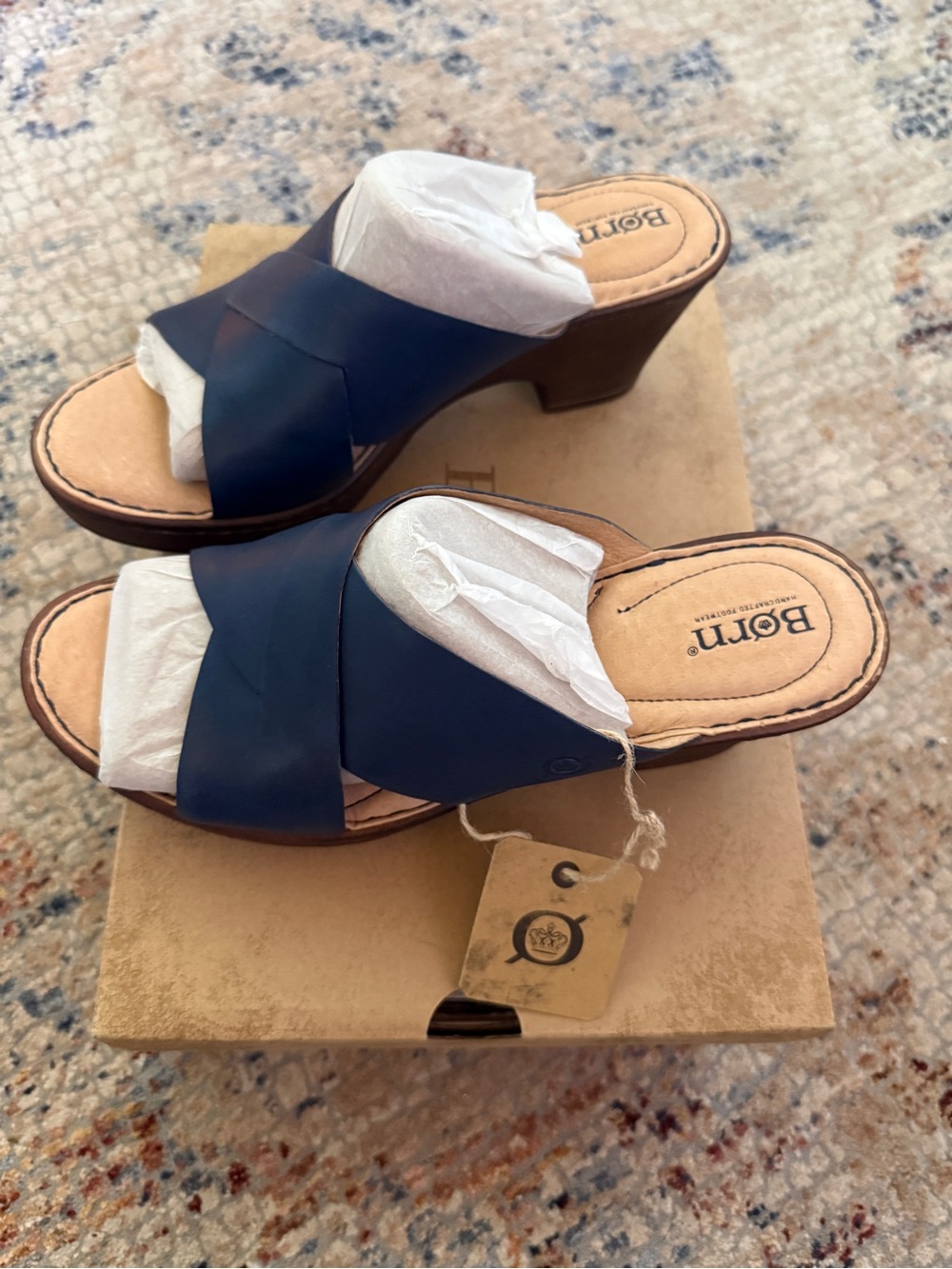 Born Navy Leather Crossover Wedge Sandals with Wood-Effect Heel - Picture 3 of 9